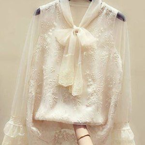 The lace blouse looks thin with the shirt